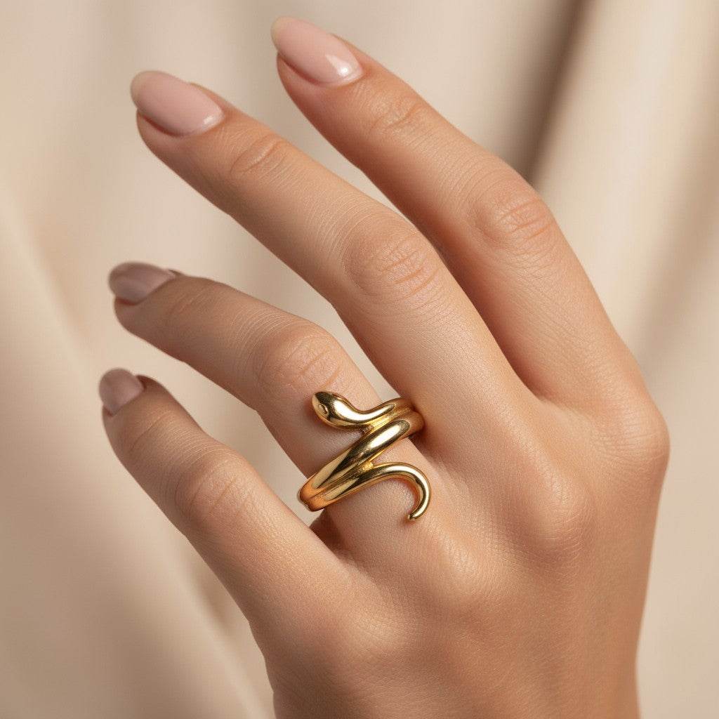 Bague serpent femme dorée en acier inoxydable 316L Béhemora, bijou anti-allergie haute qualité